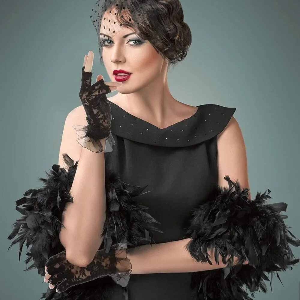 Women's Black Lace Short Floral Finger Less Dress Up Costume Gloves